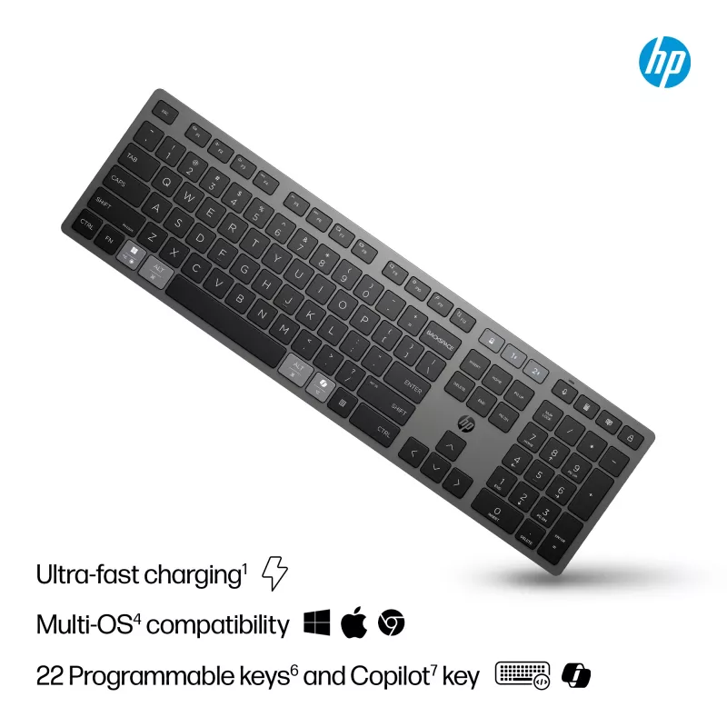 Klawiatura bezprzewodowa HP 725 Multi-Device, ładowalna, pełnowymiarowa (100%), bezprzewodowa, RF + Bluetooth, czarna
