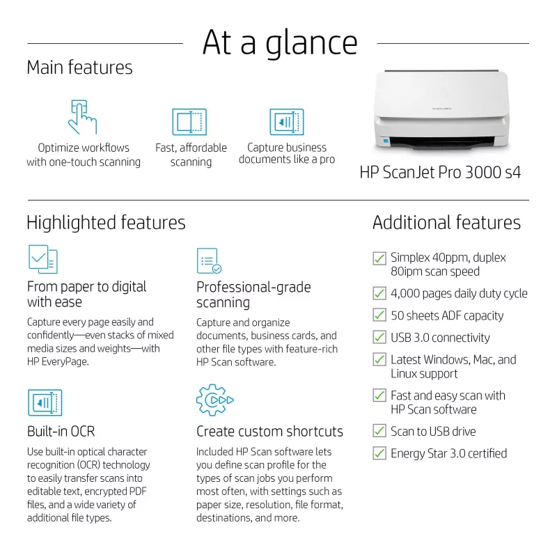 HP Scanjet Pro 3000 s4 Skaner arkuszowy 600 x 600 DPI A4 Czarny, Biały