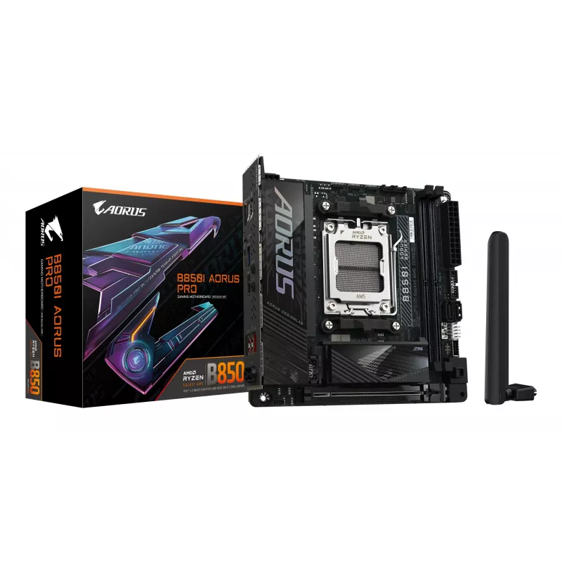 Płyta główna GIGABYTE B850I AORUS PRO - procesory AMD Ryzen 9000 Series, 8+2+1 faz cyfrowego VRM, do 8400MHz DDR5 (OC), 1xPCIe 5.0 + 1xPCIe 4.0 M.2, 2.5LAN, WIFI 7, USB 3.2 Gen 2