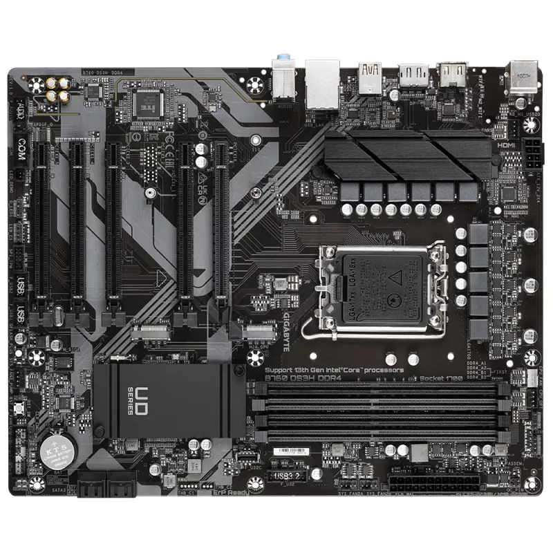 Płyta główna GIGABYTE B760 DS3H DDR4 - obsługuje procesory Intel Core 14. generacji, 18+2+1 faz cyfrowego VRM, do 5333 MHz DDR4 (OC), 2x PCIe 4.0 M.2, GbE LAN, USB 3.2 Gen 2