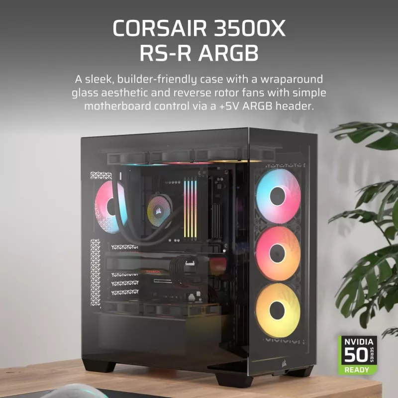 Obudowa PC Midi Tower CORSAIR 3500X RS-R ARGB — Czarna, hartowane szkło, obsługuje ATX/EATX/Micro-ITX, 3x120 mm przednie wentylatory