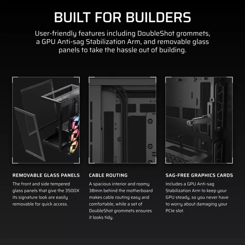 Obudowa PC Midi Tower CORSAIR 3500X RS-R ARGB — Czarna, hartowane szkło, obsługuje ATX/EATX/Micro-ITX, 3x120 mm przednie wentylatory