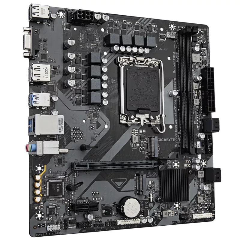GIGABYTE B760M E Płyta Główna - Obsługuje procesory Intel Core 14. generacji, 6+1+1 faz VRM, do 7200MHz DDR5 (OC), 2xPCIe 4.0 M.2, 1 GbE LAN, USB 3.2 Gen 1