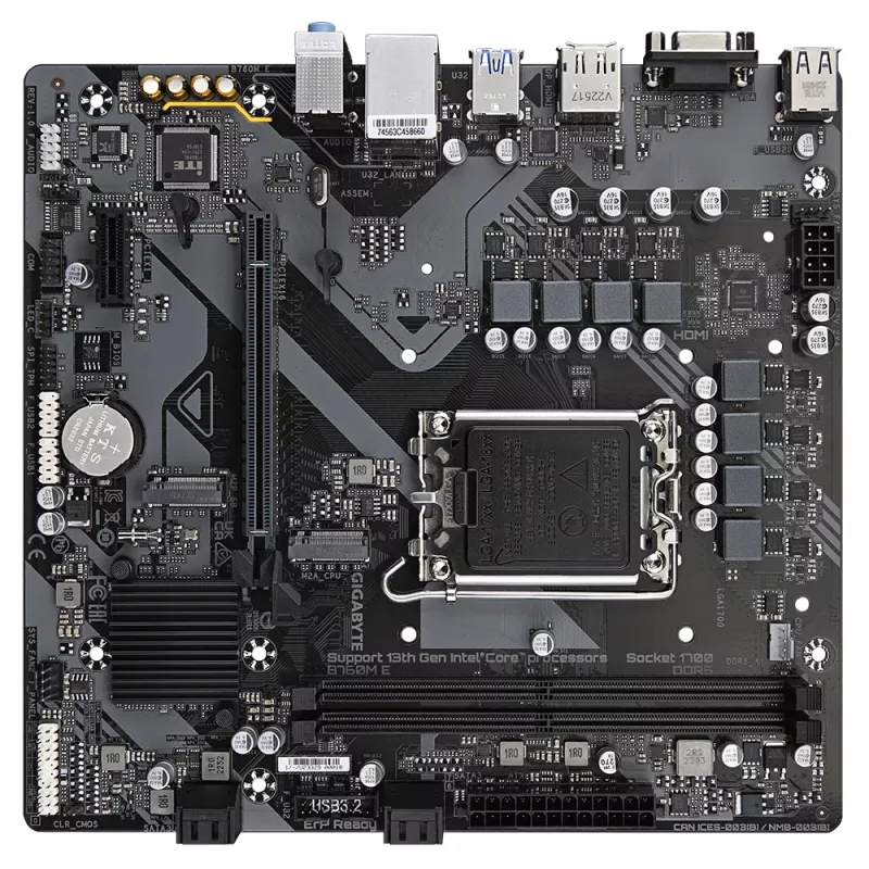 GIGABYTE B760M E Płyta Główna - Obsługuje procesory Intel Core 14. generacji, 6+1+1 faz VRM, do 7200MHz DDR5 (OC), 2xPCIe 4.0 M.2, 1 GbE LAN, USB 3.2 Gen 1