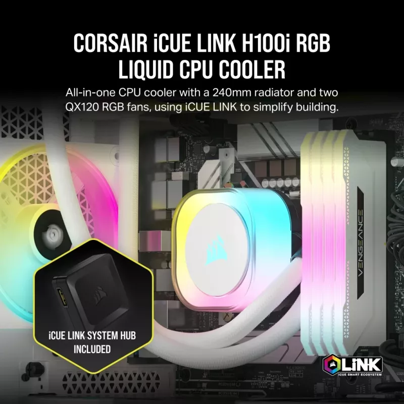 CORSAIR CPU Cooler - Icue Link H100I RGB Aio Liquid Cooler - biały