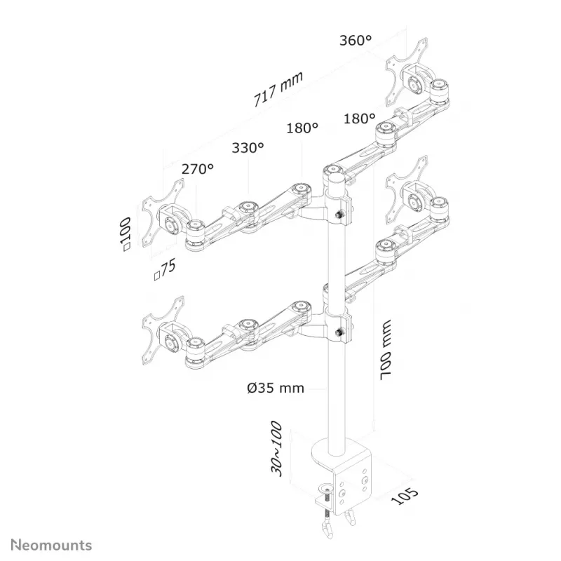 Neomounts FPMA-D935D4 Uchwyt do monitora 10-27 cali, Zacisk, 6 kg, 25,4 cm (10 cali), 68,6 cm (27 cali), 100 x 100 mm, Srebrny