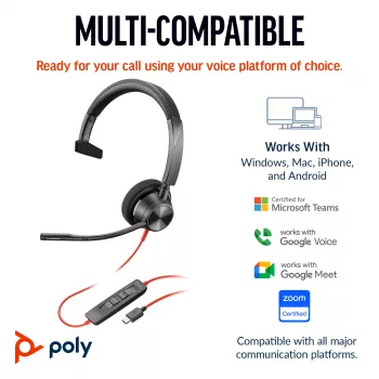 Zestaw słuchawkowy HP Poly Czarnywire 3310 monofoniczny USB-C + adapter USB-C/A