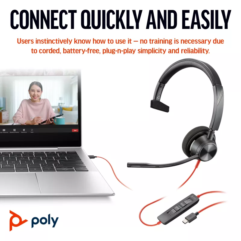 Zestaw słuchawkowy HP Poly Czarnywire 3310 monofoniczny USB-C + adapter USB-C/A