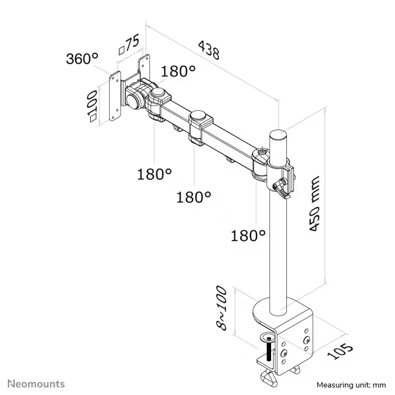 Neomounts FPMA-D960 Uchwyt do monitora 10-30 cali, zacisk, 10 kg, 25,4 cm (10 cali), 76,2 cm (30 cali), 100 x 100 mm, czarny