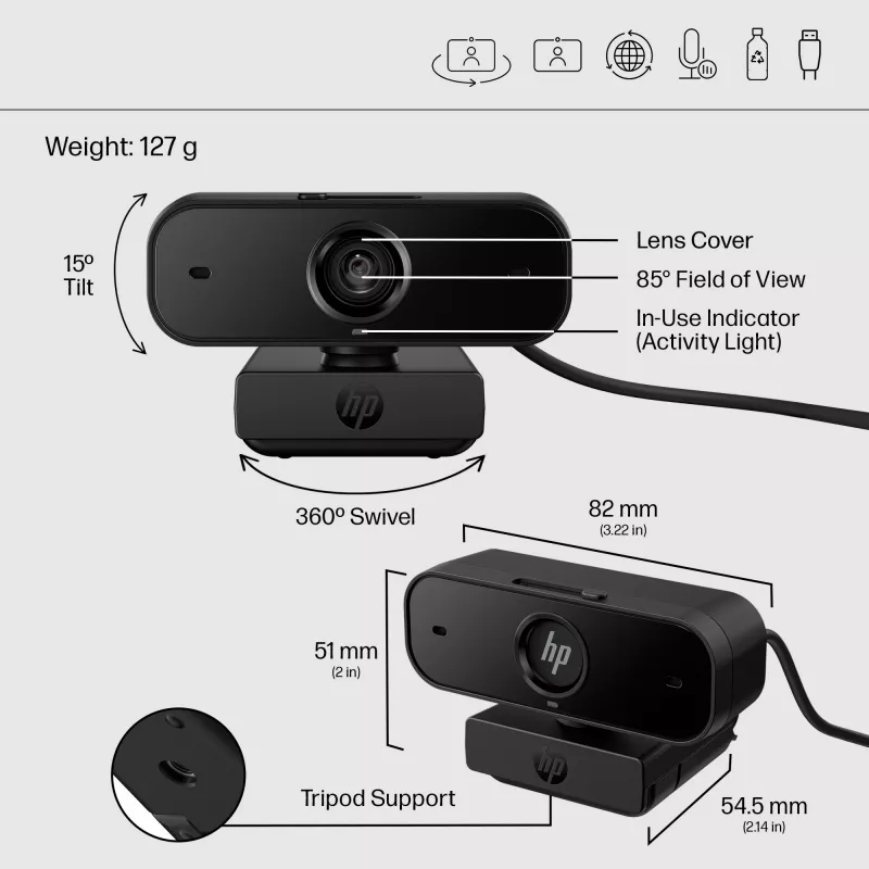 Kamera internetowa HP 435 FHD, 2 MP, 1920 x 1080 pikseli, Full HD, 30 fps, UVC 1.1, Auto