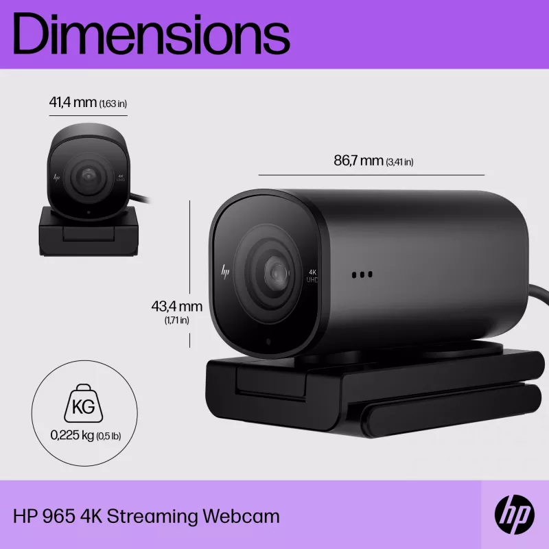 Kamera internetowa HP 965 4K Streaming Webcam, 8 MP, 3840 x 2160 pikseli, Full HD, 60 kl./s, 1280x720@30kl./s, 1280x720@60kl./s, 1920x1080@30kl./s, 1920x1080@60kl./s, 3840x2160@30kl./s, USB