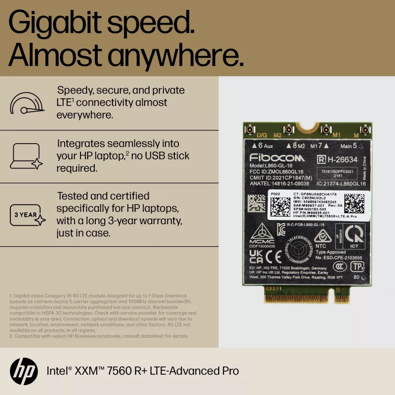HP XMM 7560 R+ LTE-Advanced Pro WWAN, Chiny, Biznes, -20 - 65 °C, -40 - 85 °C, Windows 10, Windows 11, 42 mm