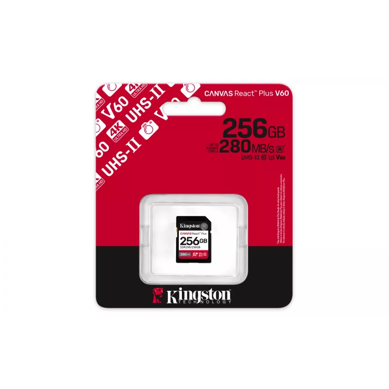 Kingston Technology 256GB Canvas React Plus SDXC UHS-II 280R/150W U3 V60 do Full HD/4K
