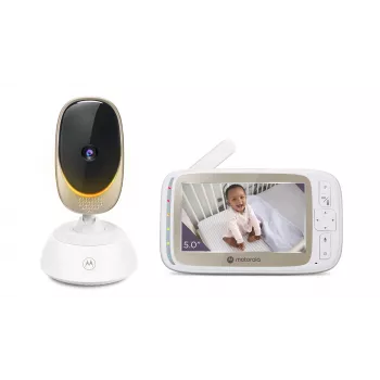 Kamera wideo Motorola VM85 CONNECT — wyświetlacz TFT 5 cali, 480×272, zasięg 300 m, zoom cyfrowy 2×, Wi‑Fi 2,4 GHz/FHSS, audio dwukierunkowe, biała
