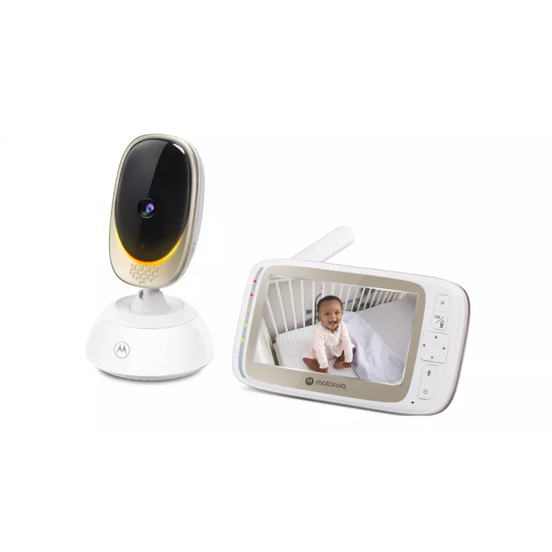 Kamera wideo Motorola VM85 CONNECT — wyświetlacz TFT 5 cali, 480×272, zasięg 300 m, zoom cyfrowy 2×, Wi‑Fi 2,4 GHz/FHSS, audio dwukierunkowe, biała