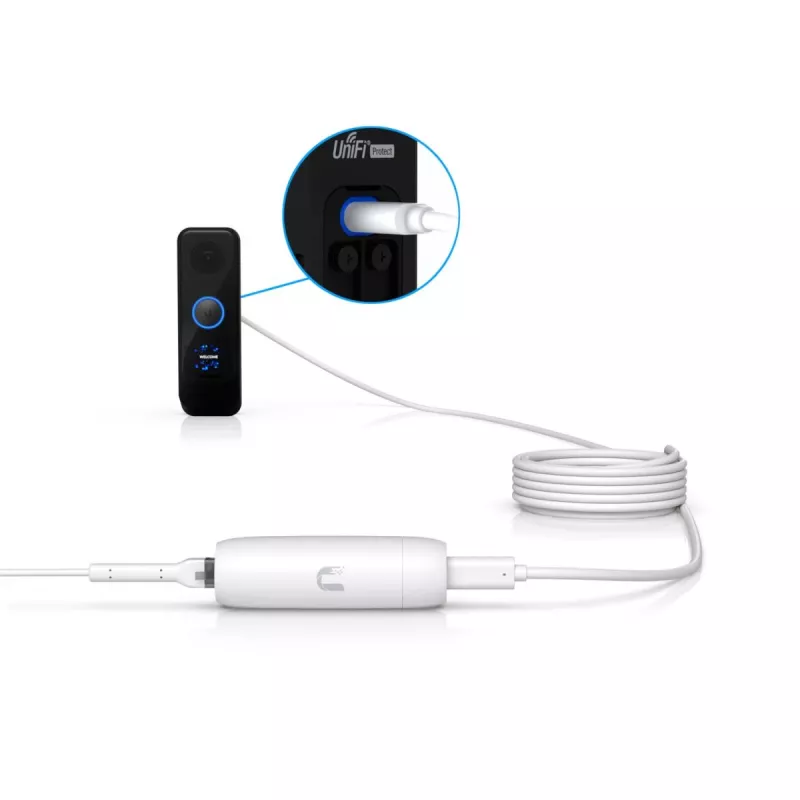Przejściówka PoE UBIQUITI UACC-ADAPTER-POE-USBC — wejście 48 V, wyjście 5 V 0,25 A, kompaktowa 30,4×30,4×95 mm, biała