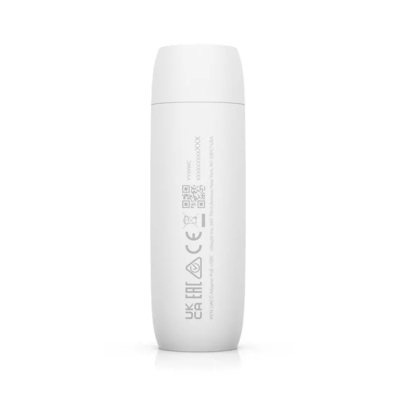 Przejściówka PoE UBIQUITI UACC-ADAPTER-POE-USBC — wejście 48 V, wyjście 5 V 0,25 A, kompaktowa 30,4×30,4×95 mm, biała