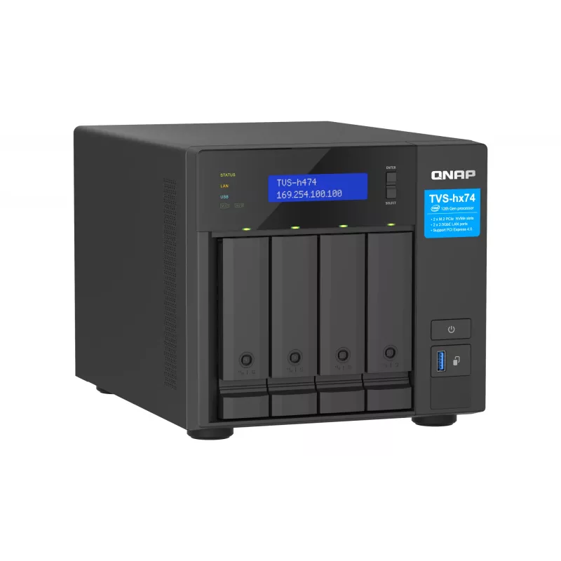 QNAP TVS-H474 NAS Tower Intel® Pentium® G7400 8 GB DDR4 0 TB QuTS hero Czarny