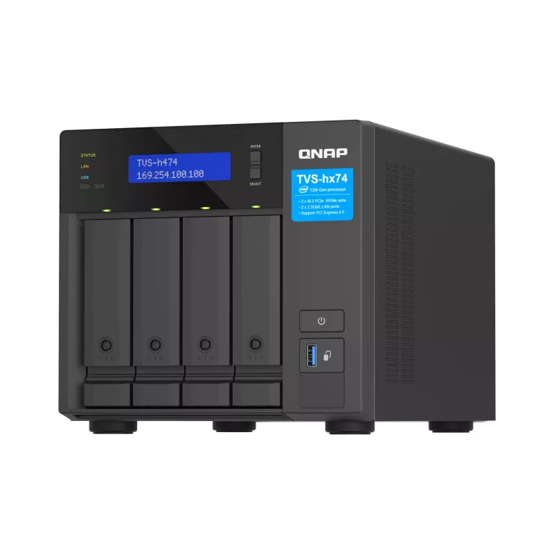 QNAP TVS-H474 NAS Tower Intel® Pentium® G7400 8 GB DDR4 0 TB QuTS hero Czarny