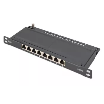 DIGITUS Patch Panel CAT6A ekranowany, 8 portów 1/2U, montaż w szafie 10 cali, czarny RAL 9005