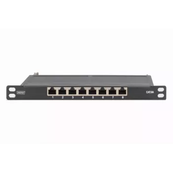 DIGITUS Patch Panel CAT6A ekranowany, 8 portów 1/2U, montaż w szafie 10 cali, czarny RAL 9005