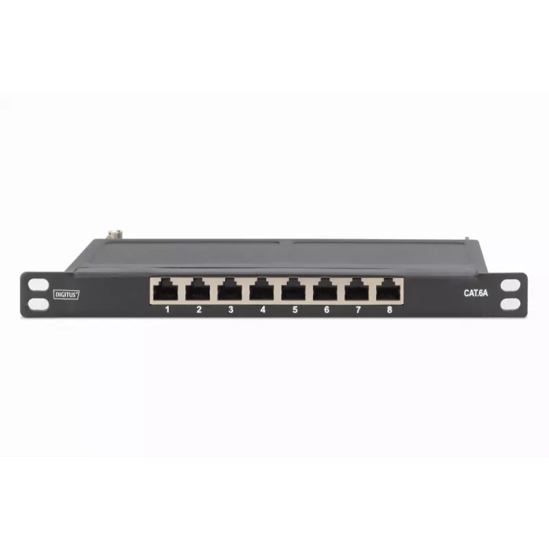 DIGITUS Patch Panel CAT6A ekranowany, 8 portów 1/2U, montaż w szafie 10 cali, czarny RAL 9005
