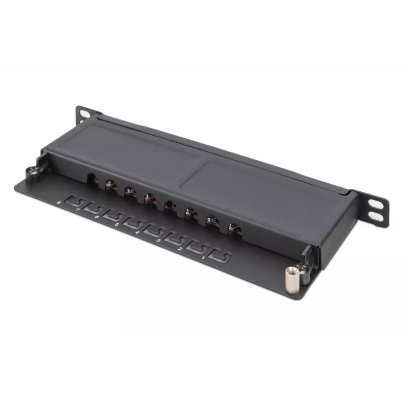 DIGITUS Patch Panel CAT6A ekranowany, 8 portów 1/2U, montaż w szafie 10 cali, czarny RAL 9005