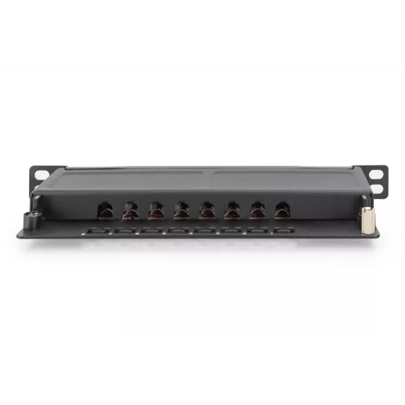 DIGITUS Patch Panel CAT6A ekranowany, 8 portów 1/2U, montaż w szafie 10 cali, czarny RAL 9005