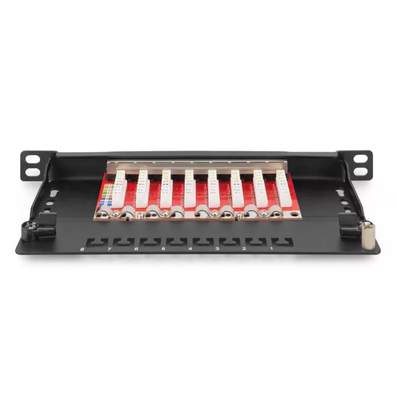 DIGITUS Patch Panel CAT6A ekranowany, 8 portów 1/2U, montaż w szafie 10 cali, czarny RAL 9005