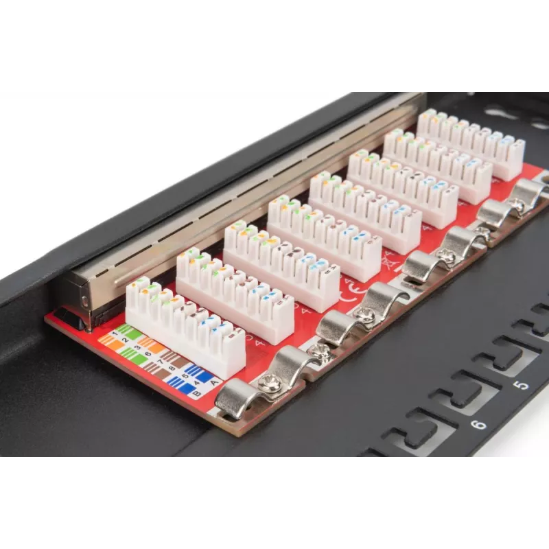 DIGITUS Patch Panel CAT6A ekranowany, 8 portów 1/2U, montaż w szafie 10 cali, czarny RAL 9005