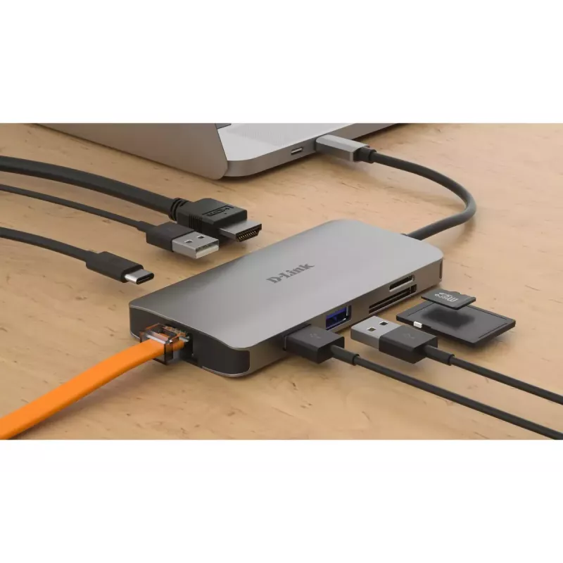 Hub USB-C D-Link 8 w 1 z HDMI/Ethernet/Czytnikiem kart/Zasilaniem Power Delivery