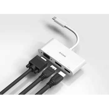 D-Link 3-in-1 USB-C to HDMI/VGA/DisplayPort Adapter, Wired, USB 3.2 Gen 1 (3.1 Gen 1) Type-C, biały, CE, FCC, IC, RCM, DC, 0.04 A