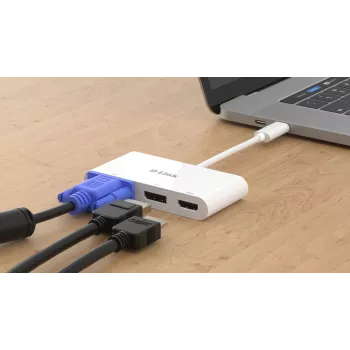 D-Link 3-in-1 USB-C to HDMI/VGA/DisplayPort Adapter, Wired, USB 3.2 Gen 1 (3.1 Gen 1) Type-C, biały, CE, FCC, IC, RCM, DC, 0.04 A