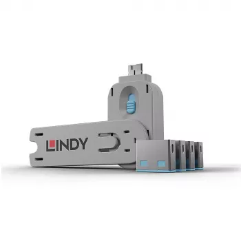 Lindy Blokada portu USB - zestaw 4 szt., kod koloru: niebieski, blokada portu + klucz, USB typu A, niebieski, ABS, 5 szt., woreczek foliowy