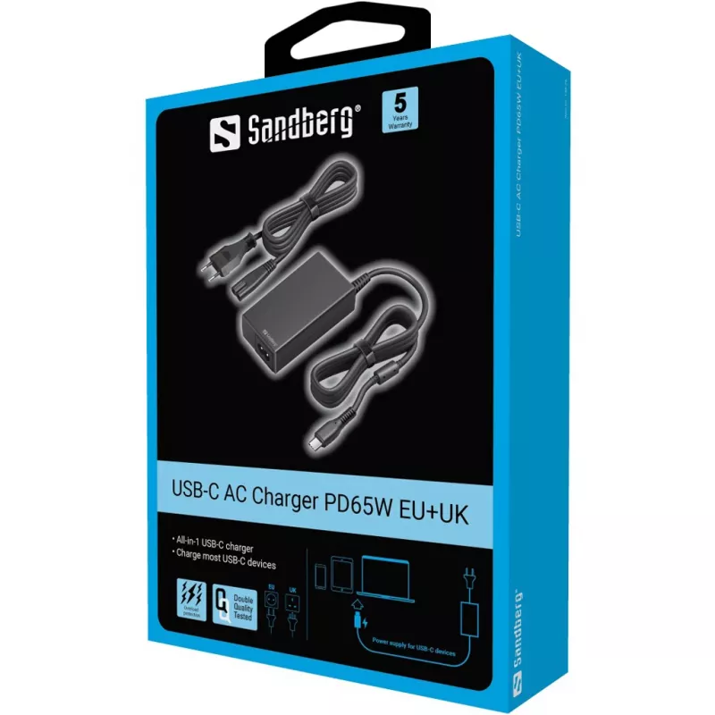 Sandberg USB-C AC Charger PD65W EU+UK, Uniwersalna, Wewnętrzna, 230 V, 65 W, AC-do-DC, Czarna