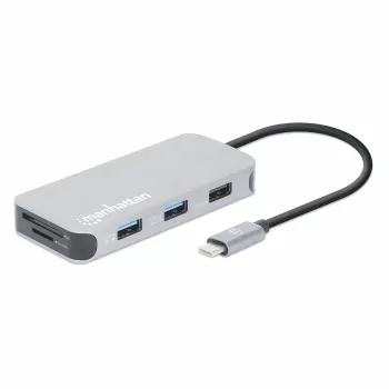 Stacja dokująca Manhattan USB-C z czytnikiem kart, Porty (x6): Ethernet, HDMI, USB-A (x3) i USB-C, z funkcją Power Delivery (100 W) do portu USB-C (uwaga: wymagana dodatkowa ładowarka sieciowa USB-C i kabel USB-C), uniwersalna do wszystkich urządzeń, kabel 15 cm, aluminium, srebrny