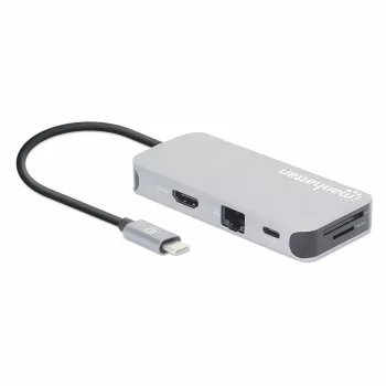 Stacja dokująca Manhattan USB-C z czytnikiem kart, Porty (x6): Ethernet, HDMI, USB-A (x3) i USB-C, z funkcją Power Delivery (100 W) do portu USB-C (uwaga: wymagana dodatkowa ładowarka sieciowa USB-C i kabel USB-C), uniwersalna do wszystkich urządzeń, kabel 15 cm, aluminium, srebrny