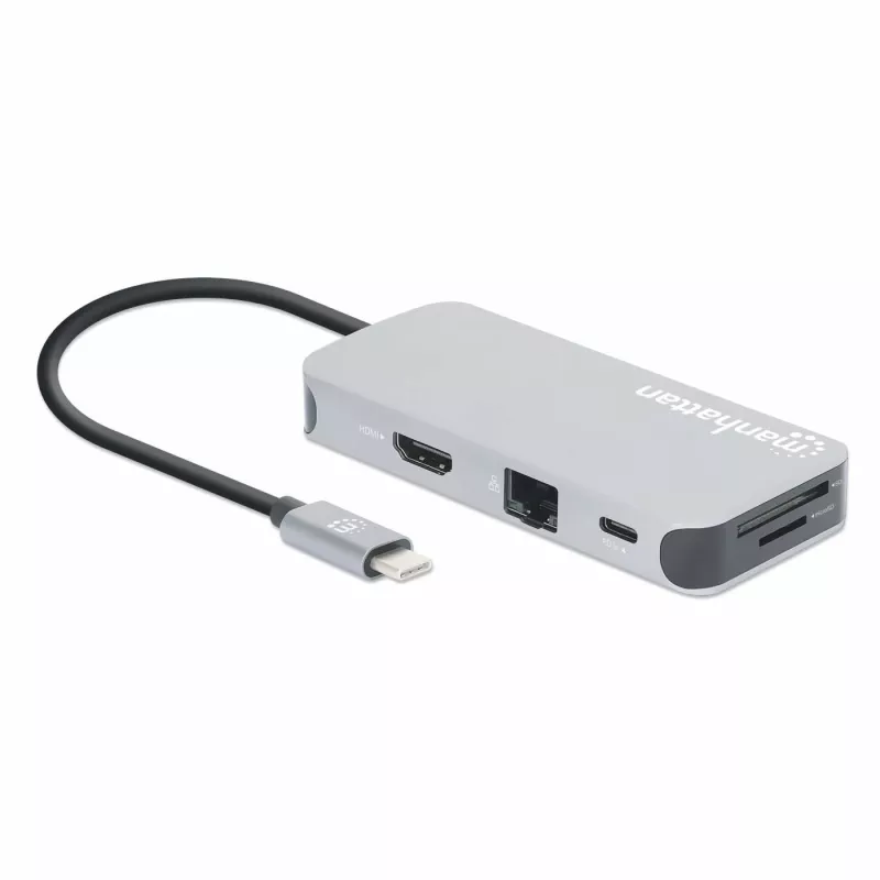 Stacja dokująca Manhattan USB-C z czytnikiem kart, Porty (x6): Ethernet, HDMI, USB-A (x3) i USB-C, z funkcją Power Delivery (100 W) do portu USB-C (uwaga: wymagana dodatkowa ładowarka sieciowa USB-C i kabel USB-C), uniwersalna do wszystkich urządzeń, kabel 15 cm, aluminium, srebrny