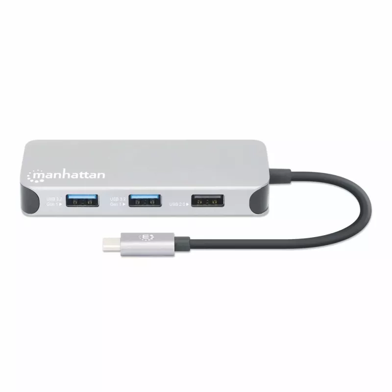 Stacja dokująca Manhattan USB-C z czytnikiem kart, Porty (x6): Ethernet, HDMI, USB-A (x3) i USB-C, z funkcją Power Delivery (100 W) do portu USB-C (uwaga: wymagana dodatkowa ładowarka sieciowa USB-C i kabel USB-C), uniwersalna do wszystkich urządzeń, kabel 15 cm, aluminium, srebrny