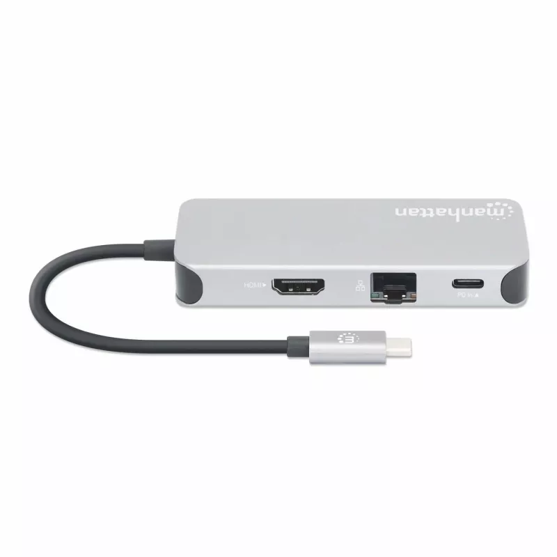 Stacja dokująca Manhattan USB-C z czytnikiem kart, Porty (x6): Ethernet, HDMI, USB-A (x3) i USB-C, z funkcją Power Delivery (100 W) do portu USB-C (uwaga: wymagana dodatkowa ładowarka sieciowa USB-C i kabel USB-C), uniwersalna do wszystkich urządzeń, kabel 15 cm, aluminium, srebrny