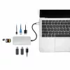 Stacja dokująca Manhattan USB-C z czytnikiem kart, Porty (x6): Ethernet, HDMI, USB-A (x3) i USB-C, z funkcją Power Delivery (100 W) do portu USB-C (uwaga: wymagana dodatkowa ładowarka sieciowa USB-C i kabel USB-C), uniwersalna do wszystkich urządzeń, kabel 15 cm, aluminium, srebrny