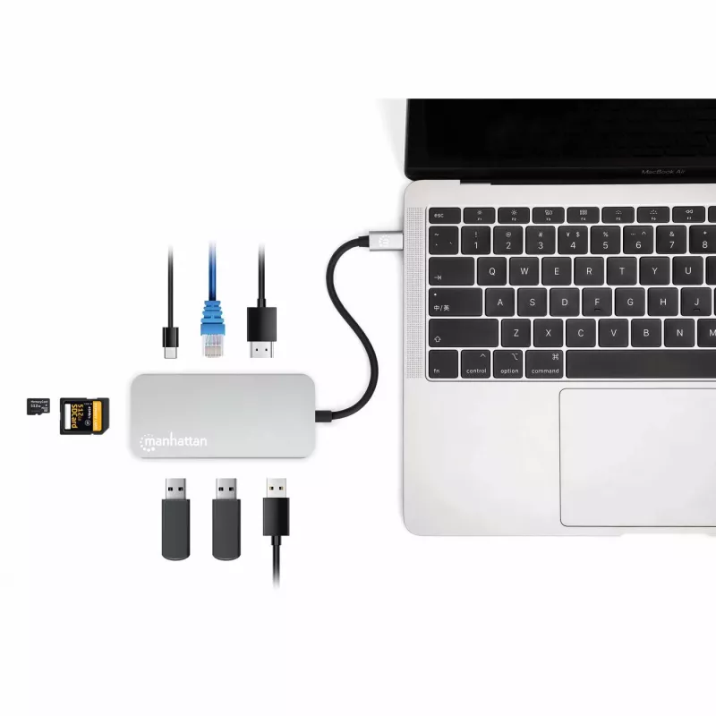 Stacja dokująca Manhattan USB-C z czytnikiem kart, Porty (x6): Ethernet, HDMI, USB-A (x3) i USB-C, z funkcją Power Delivery (100 W) do portu USB-C (uwaga: wymagana dodatkowa ładowarka sieciowa USB-C i kabel USB-C), uniwersalna do wszystkich urządzeń, kabel 15 cm, aluminium, srebrny