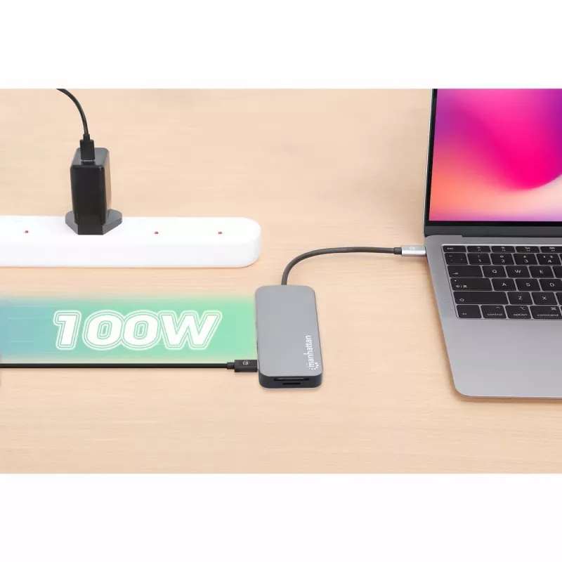 Stacja dokująca Manhattan USB-C z czytnikiem kart, Porty (x6): Ethernet, HDMI, USB-A (x3) i USB-C, z funkcją Power Delivery (100 W) do portu USB-C (uwaga: wymagana dodatkowa ładowarka sieciowa USB-C i kabel USB-C), uniwersalna do wszystkich urządzeń, kabel 15 cm, aluminium, srebrny