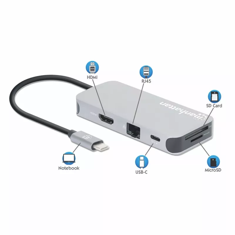 Stacja dokująca Manhattan USB-C z czytnikiem kart, Porty (x6): Ethernet, HDMI, USB-A (x3) i USB-C, z funkcją Power Delivery (100 W) do portu USB-C (uwaga: wymagana dodatkowa ładowarka sieciowa USB-C i kabel USB-C), uniwersalna do wszystkich urządzeń, kabel 15 cm, aluminium, srebrny