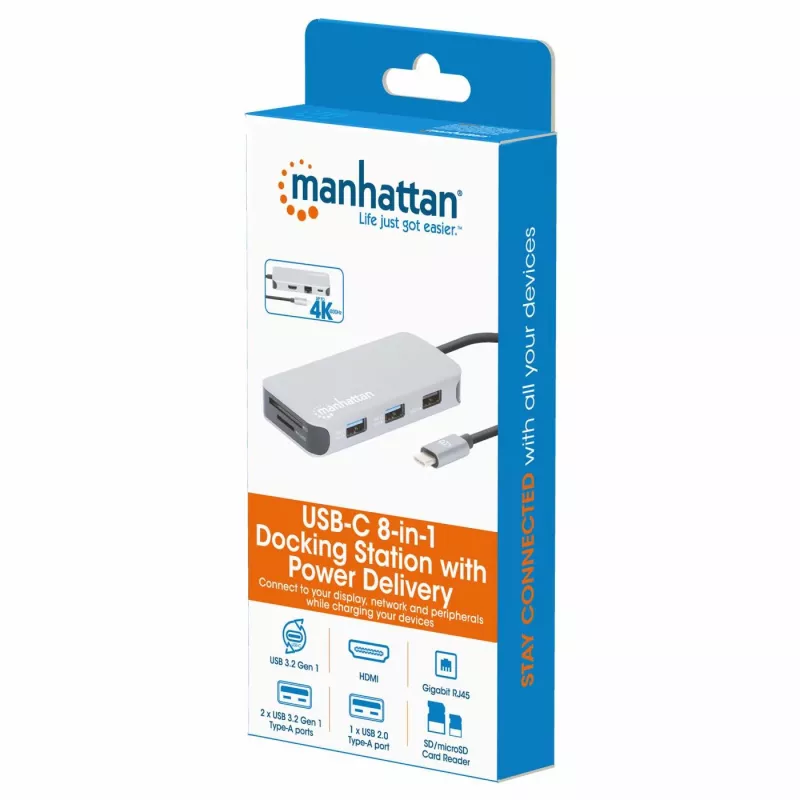 Stacja dokująca Manhattan USB-C z czytnikiem kart, Porty (x6): Ethernet, HDMI, USB-A (x3) i USB-C, z funkcją Power Delivery (100 W) do portu USB-C (uwaga: wymagana dodatkowa ładowarka sieciowa USB-C i kabel USB-C), uniwersalna do wszystkich urządzeń, kabel 15 cm, aluminium, srebrny