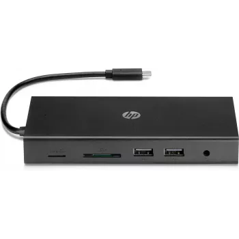 Hub wieloportowy USB-C HP Travel – HP 1C1Y5AA, host USB-C, HDMI 2.0, VGA, 1×RJ-45, 2×USB-A 3.2 Gen1, 2×USB 2.0, czytnik MicroSD, czarny