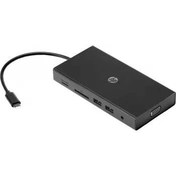 Hub wieloportowy USB-C HP Travel – HP 1C1Y5AA, host USB-C, HDMI 2.0, VGA, 1×RJ-45, 2×USB-A 3.2 Gen1, 2×USB 2.0, czytnik MicroSD, czarny