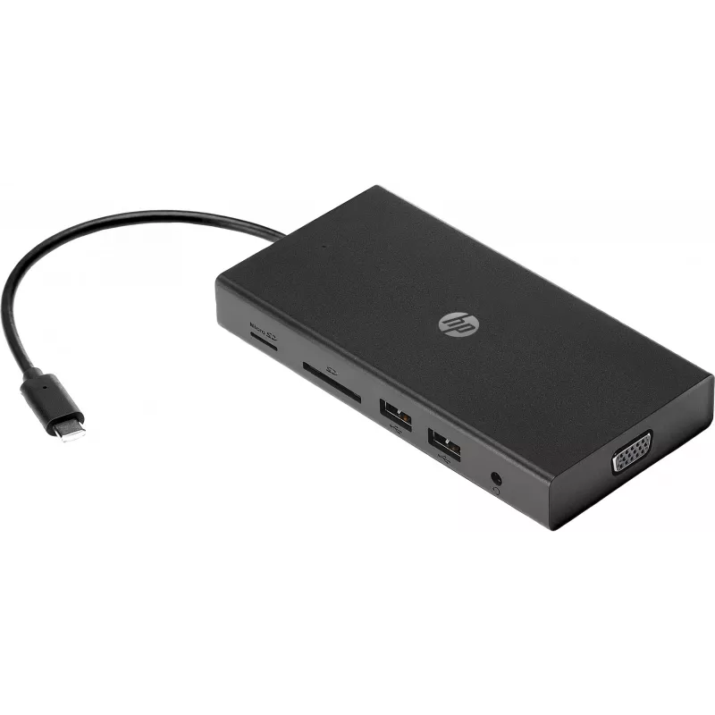Hub wieloportowy USB-C HP Travel – HP 1C1Y5AA, host USB-C, HDMI 2.0, VGA, 1×RJ-45, 2×USB-A 3.2 Gen1, 2×USB 2.0, czytnik MicroSD, czarny