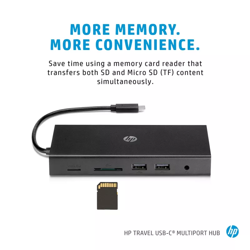 Hub wieloportowy USB-C HP Travel – HP 1C1Y5AA, host USB-C, HDMI 2.0, VGA, 1×RJ-45, 2×USB-A 3.2 Gen1, 2×USB 2.0, czytnik MicroSD, czarny