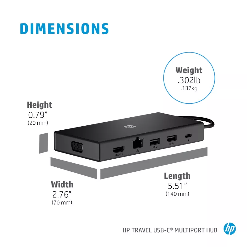 Hub wieloportowy USB-C HP Travel – HP 1C1Y5AA, host USB-C, HDMI 2.0, VGA, 1×RJ-45, 2×USB-A 3.2 Gen1, 2×USB 2.0, czytnik MicroSD, czarny